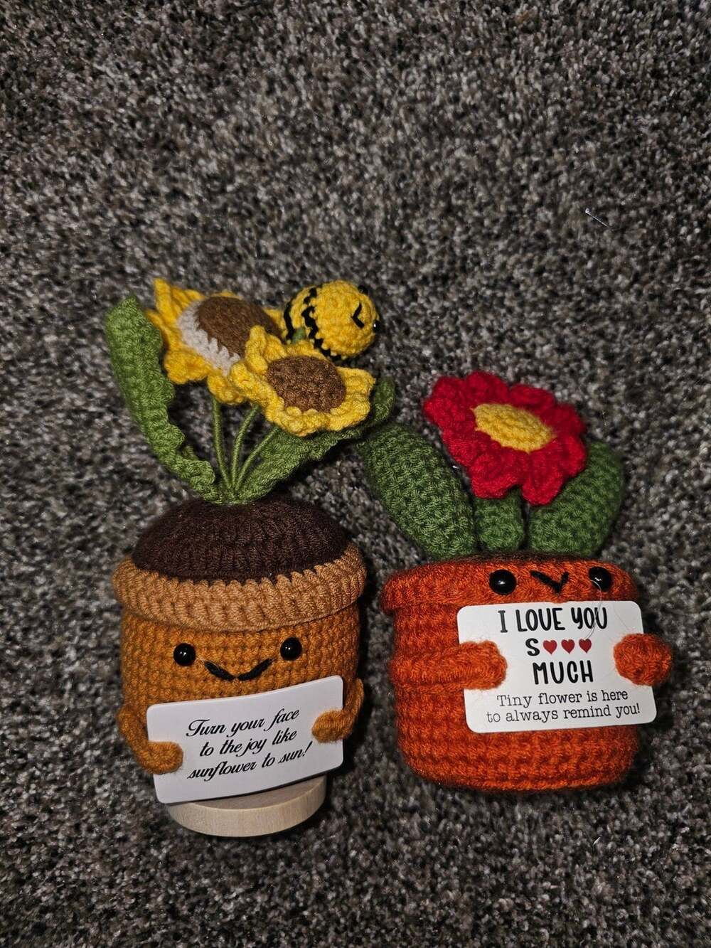 Handmade Crochet Potted Sunflower and Red Flower Set